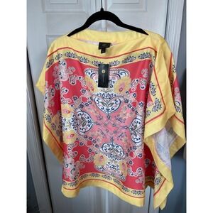 JM Collection Womens Yellow Coral Medallion Paisley Poncho Kaftan Top Medium NWT